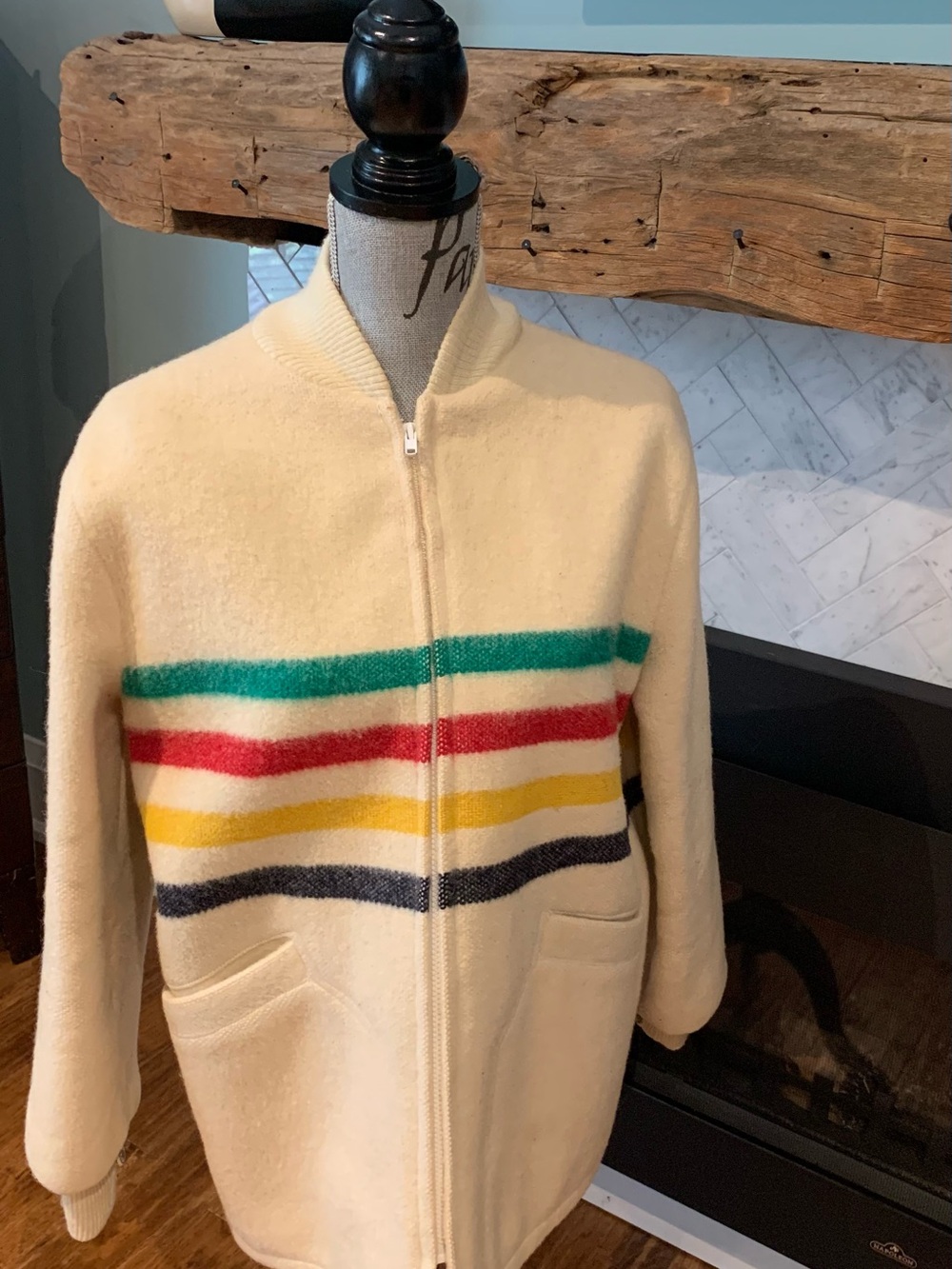 Authentic Vintage HBC Cream Teddy Zip-Front Jacket with Multicolor Stripes